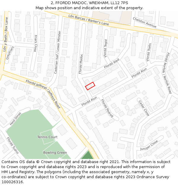 2, FFORDD MADOC, WREXHAM, LL12 7PS: Location map and indicative extent of plot