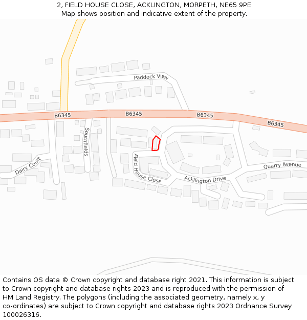 2, FIELD HOUSE CLOSE, ACKLINGTON, MORPETH, NE65 9PE: Location map and indicative extent of plot