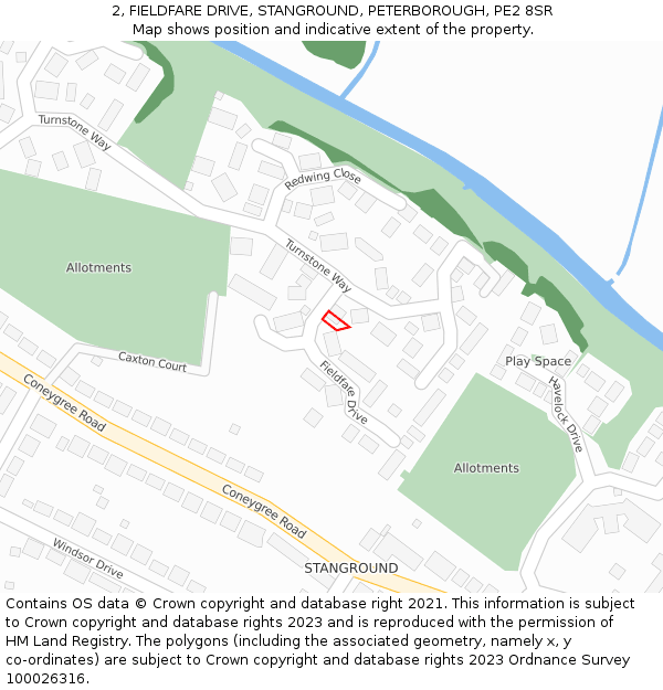 2, FIELDFARE DRIVE, STANGROUND, PETERBOROUGH, PE2 8SR: Location map and indicative extent of plot