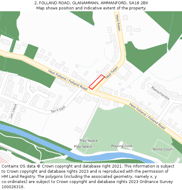 2, FOLLAND ROAD, GLANAMMAN, AMMANFORD, SA18 2BX: Location map and indicative extent of plot
