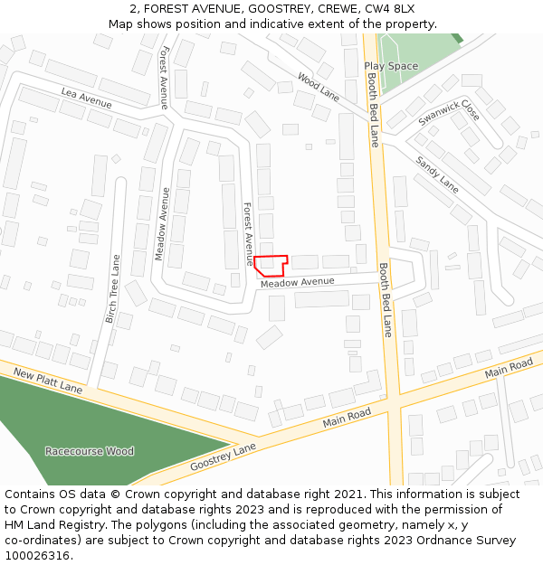 2, FOREST AVENUE, GOOSTREY, CREWE, CW4 8LX: Location map and indicative extent of plot