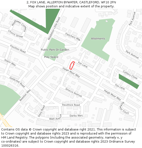 2, FOX LANE, ALLERTON BYWATER, CASTLEFORD, WF10 2FN: Location map and indicative extent of plot