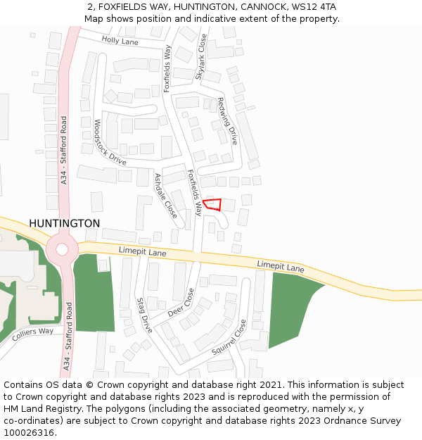 2, FOXFIELDS WAY, HUNTINGTON, CANNOCK, WS12 4TA: Location map and indicative extent of plot