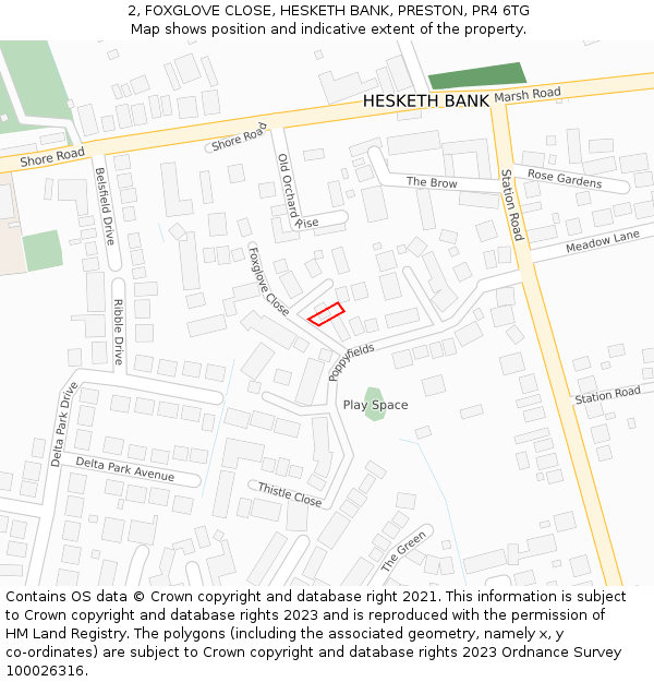 2, FOXGLOVE CLOSE, HESKETH BANK, PRESTON, PR4 6TG: Location map and indicative extent of plot