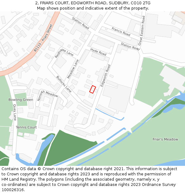 2, FRIARS COURT, EDGWORTH ROAD, SUDBURY, CO10 2TG: Location map and indicative extent of plot