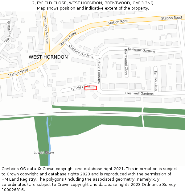 2, FYFIELD CLOSE, WEST HORNDON, BRENTWOOD, CM13 3NQ: Location map and indicative extent of plot