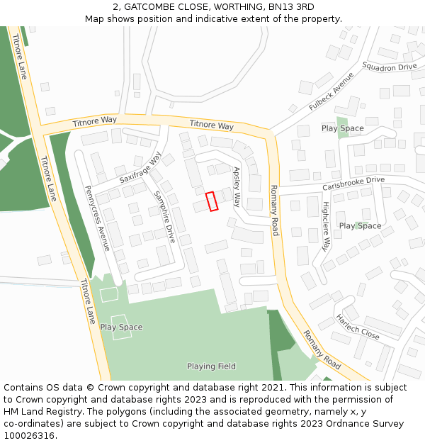 2, GATCOMBE CLOSE, WORTHING, BN13 3RD: Location map and indicative extent of plot