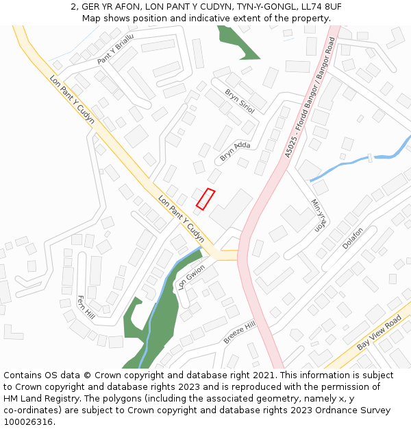 2, GER YR AFON, LON PANT Y CUDYN, TYN-Y-GONGL, LL74 8UF: Location map and indicative extent of plot