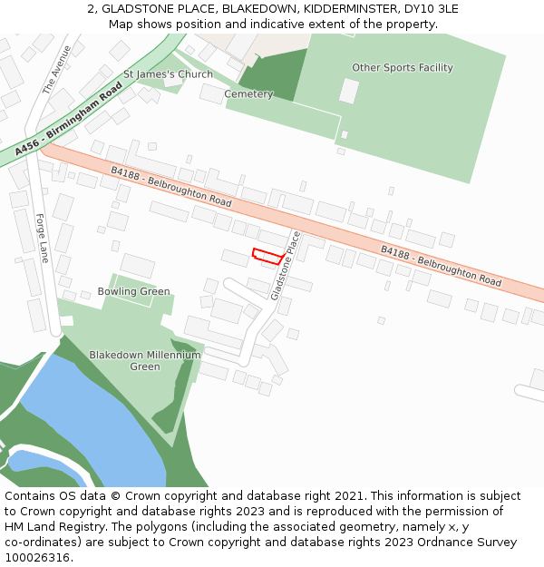2, GLADSTONE PLACE, BLAKEDOWN, KIDDERMINSTER, DY10 3LE: Location map and indicative extent of plot
