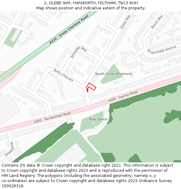2, GLEBE WAY, HANWORTH, FELTHAM, TW13 6HH: Location map and indicative extent of plot