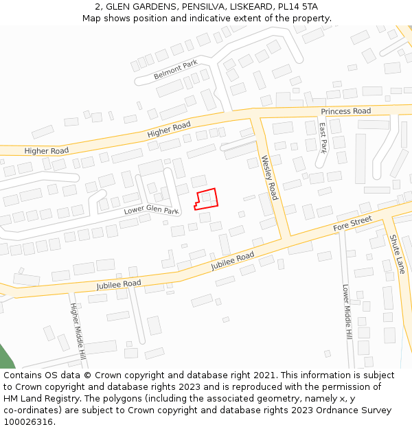 2, GLEN GARDENS, PENSILVA, LISKEARD, PL14 5TA: Location map and indicative extent of plot