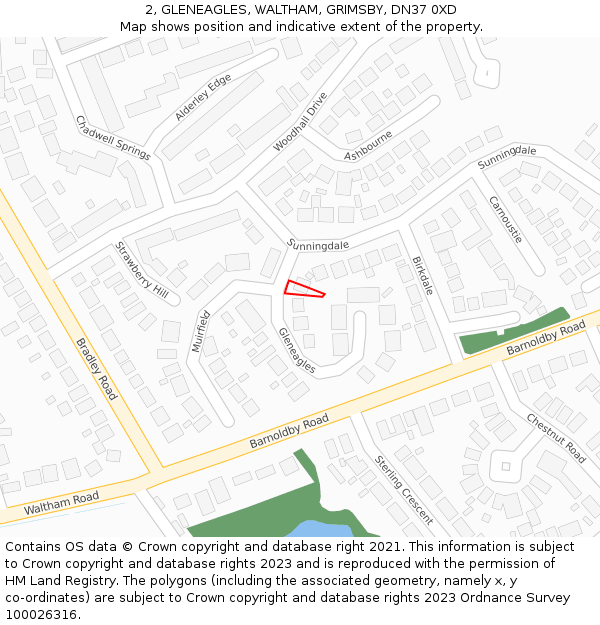 2, GLENEAGLES, WALTHAM, GRIMSBY, DN37 0XD: Location map and indicative extent of plot