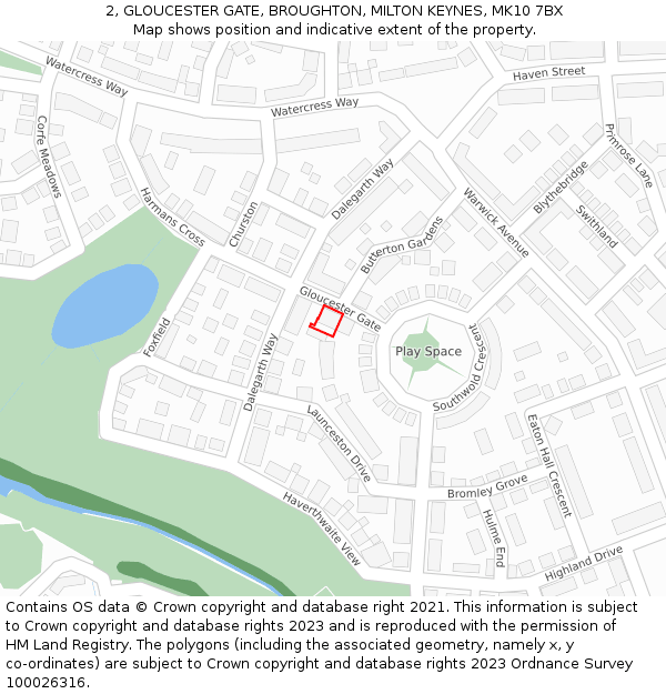 2, GLOUCESTER GATE, BROUGHTON, MILTON KEYNES, MK10 7BX: Location map and indicative extent of plot