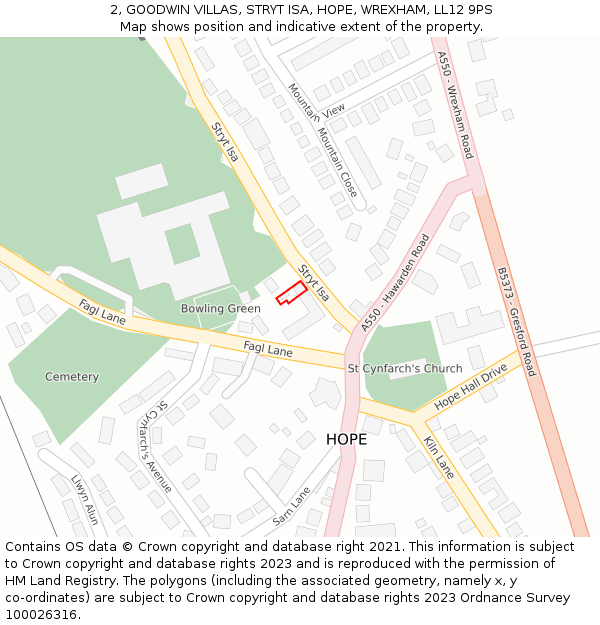 2, GOODWIN VILLAS, STRYT ISA, HOPE, WREXHAM, LL12 9PS: Location map and indicative extent of plot