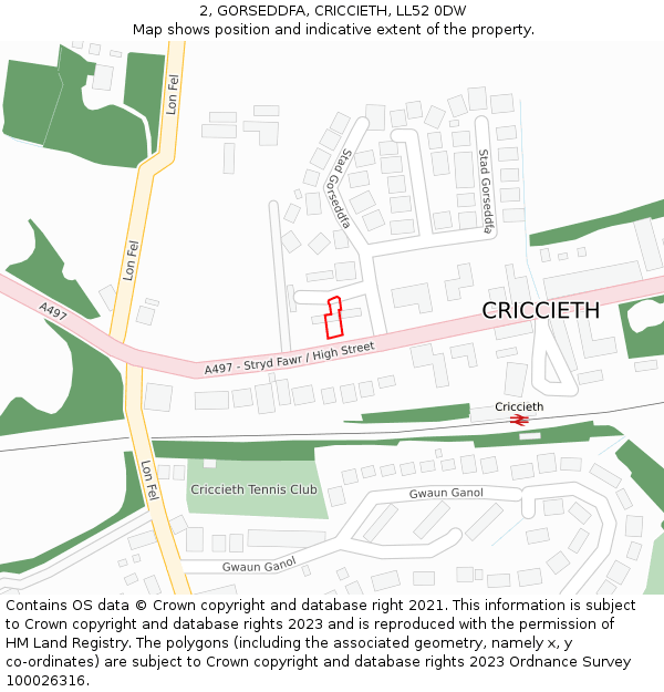 2, GORSEDDFA, CRICCIETH, LL52 0DW: Location map and indicative extent of plot