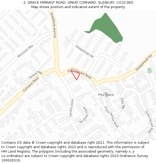 2, GRACE FARRANT ROAD, GREAT CORNARD, SUDBURY, CO10 0ED: Location map and indicative extent of plot