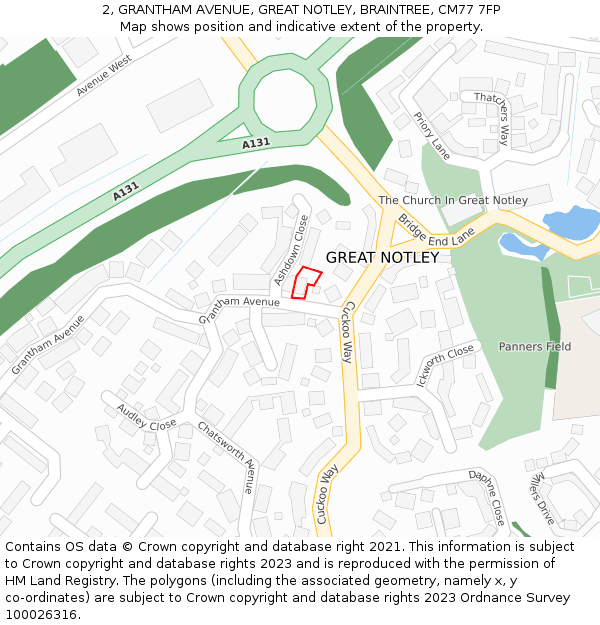 2, GRANTHAM AVENUE, GREAT NOTLEY, BRAINTREE, CM77 7FP: Location map and indicative extent of plot