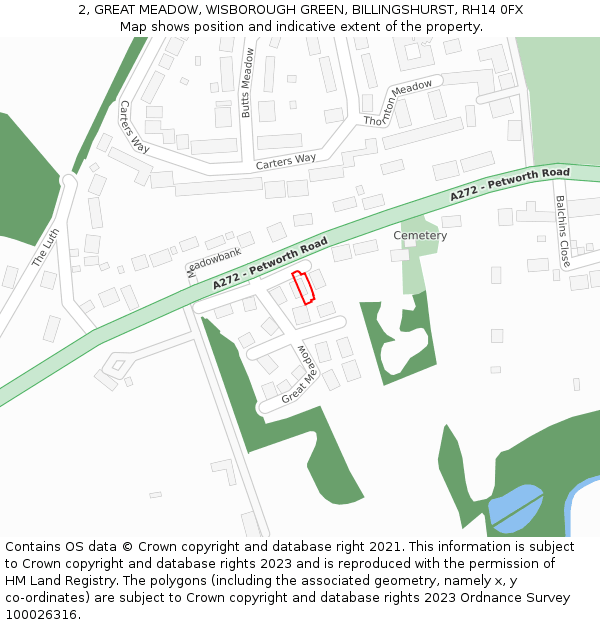 2, GREAT MEADOW, WISBOROUGH GREEN, BILLINGSHURST, RH14 0FX: Location map and indicative extent of plot