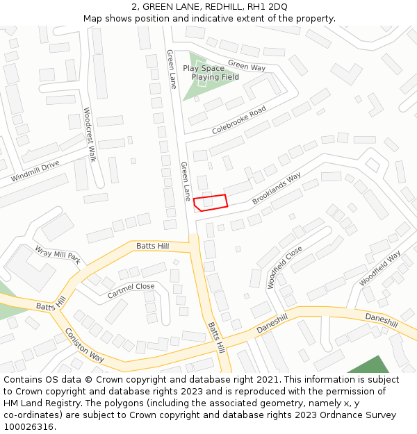 2, GREEN LANE, REDHILL, RH1 2DQ: Location map and indicative extent of plot