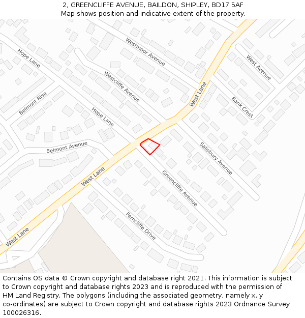 2, GREENCLIFFE AVENUE, BAILDON, SHIPLEY, BD17 5AF: Location map and indicative extent of plot