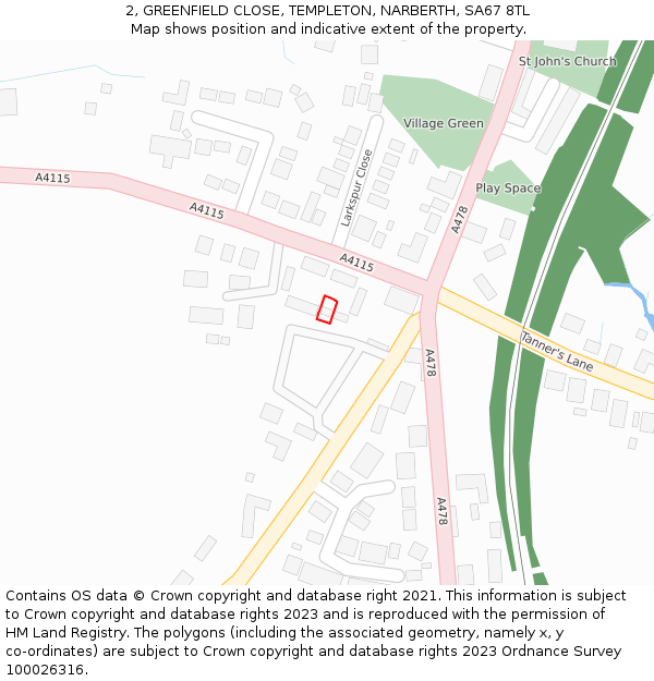 2, GREENFIELD CLOSE, TEMPLETON, NARBERTH, SA67 8TL: Location map and indicative extent of plot