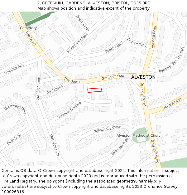 2, GREENHILL GARDENS, ALVESTON, BRISTOL, BS35 3PD: Location map and indicative extent of plot