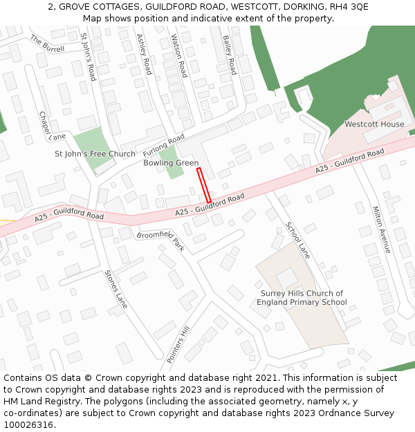 2, GROVE COTTAGES, GUILDFORD ROAD, WESTCOTT, DORKING, RH4 3QE: Location map and indicative extent of plot