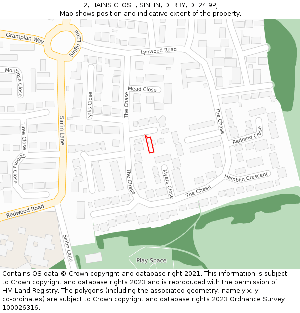 2, HAINS CLOSE, SINFIN, DERBY, DE24 9PJ: Location map and indicative extent of plot