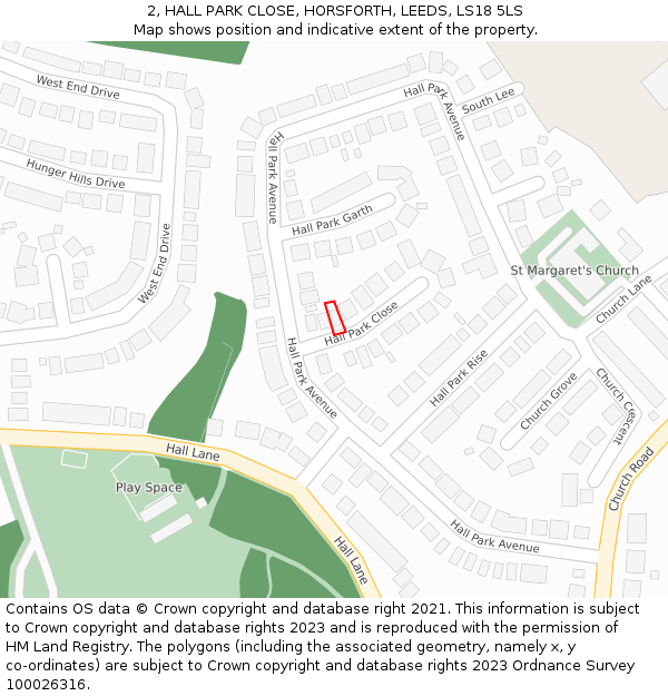 2, HALL PARK CLOSE, HORSFORTH, LEEDS, LS18 5LS: Location map and indicative extent of plot