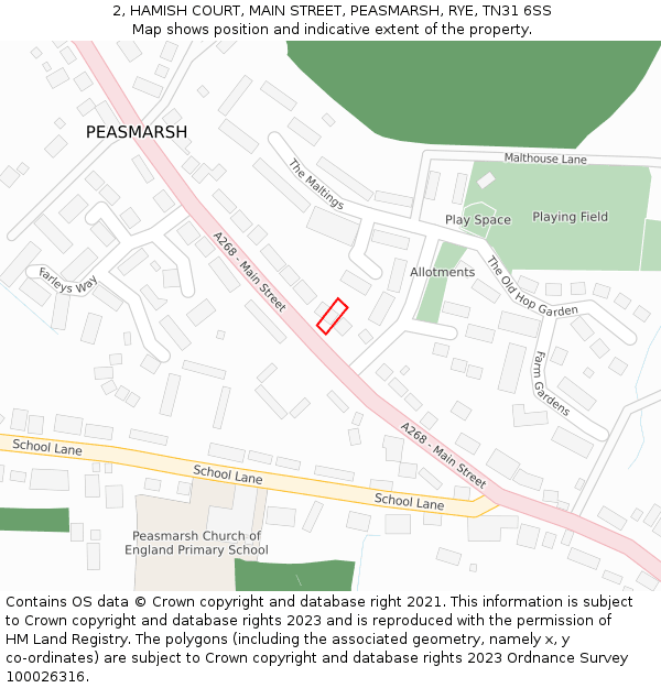 2, HAMISH COURT, MAIN STREET, PEASMARSH, RYE, TN31 6SS: Location map and indicative extent of plot