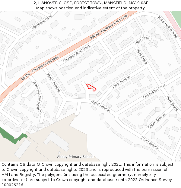 2, HANOVER CLOSE, FOREST TOWN, MANSFIELD, NG19 0AF: Location map and indicative extent of plot