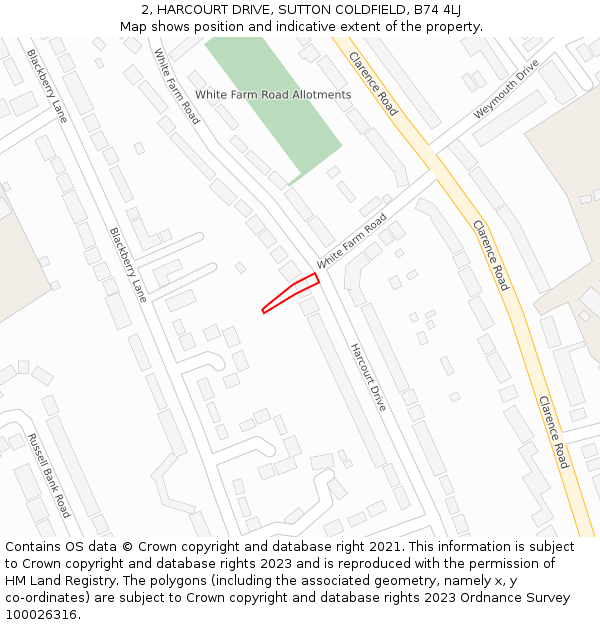 2, HARCOURT DRIVE, SUTTON COLDFIELD, B74 4LJ: Location map and indicative extent of plot