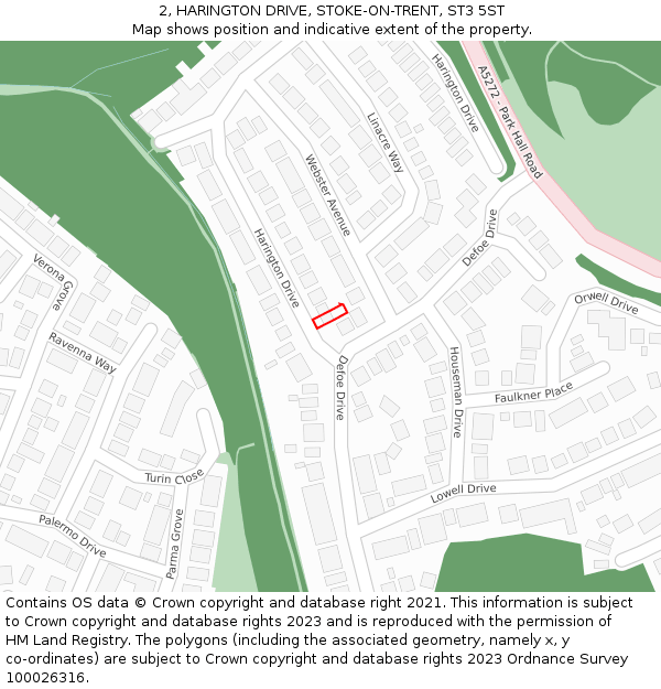 2, HARINGTON DRIVE, STOKE-ON-TRENT, ST3 5ST: Location map and indicative extent of plot