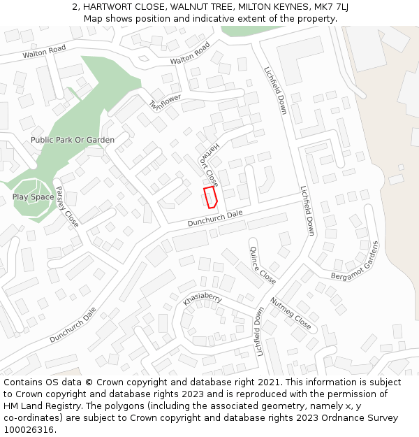 2, HARTWORT CLOSE, WALNUT TREE, MILTON KEYNES, MK7 7LJ: Location map and indicative extent of plot