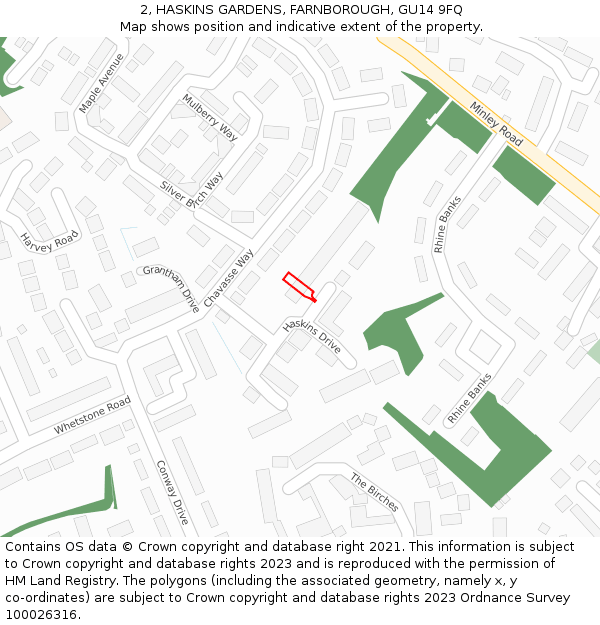 2, HASKINS GARDENS, FARNBOROUGH, GU14 9FQ: Location map and indicative extent of plot