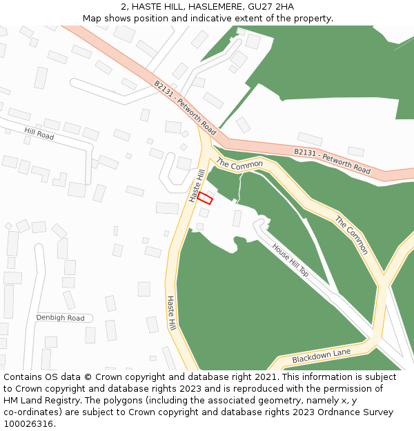 2, HASTE HILL, HASLEMERE, GU27 2HA: Location map and indicative extent of plot