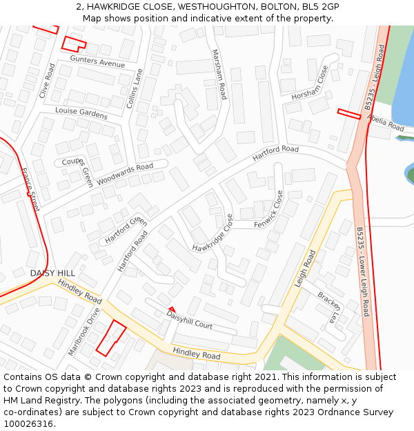 2, HAWKRIDGE CLOSE, WESTHOUGHTON, BOLTON, BL5 2GP: Location map and indicative extent of plot