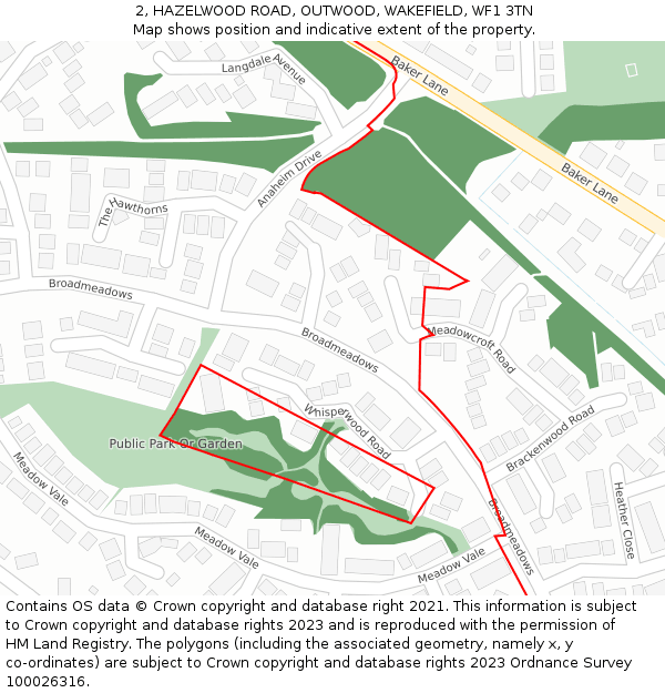 2, HAZELWOOD ROAD, OUTWOOD, WAKEFIELD, WF1 3TN: Location map and indicative extent of plot