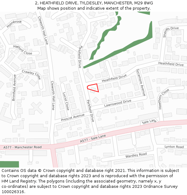 2, HEATHFIELD DRIVE, TYLDESLEY, MANCHESTER, M29 8WG: Location map and indicative extent of plot