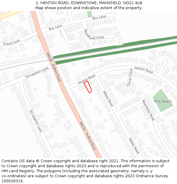 2, HENTON ROAD, EDWINSTOWE, MANSFIELD, NG21 9LB: Location map and indicative extent of plot