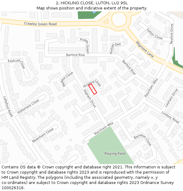 2, HICKLING CLOSE, LUTON, LU2 9SL: Location map and indicative extent of plot