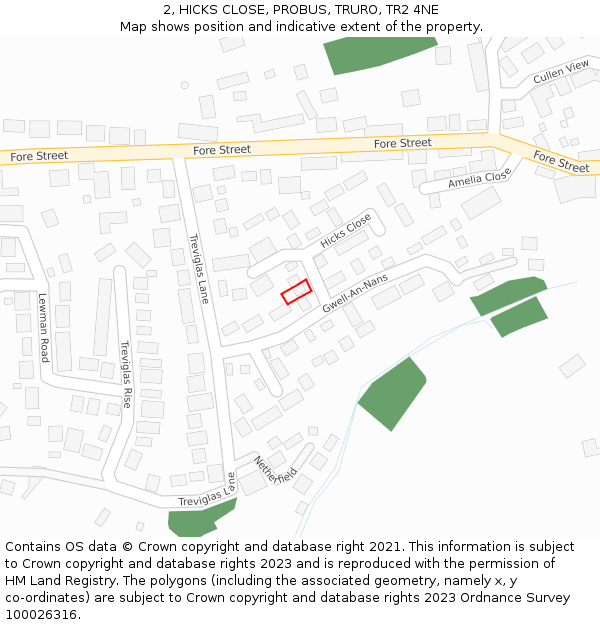 2, HICKS CLOSE, PROBUS, TRURO, TR2 4NE: Location map and indicative extent of plot