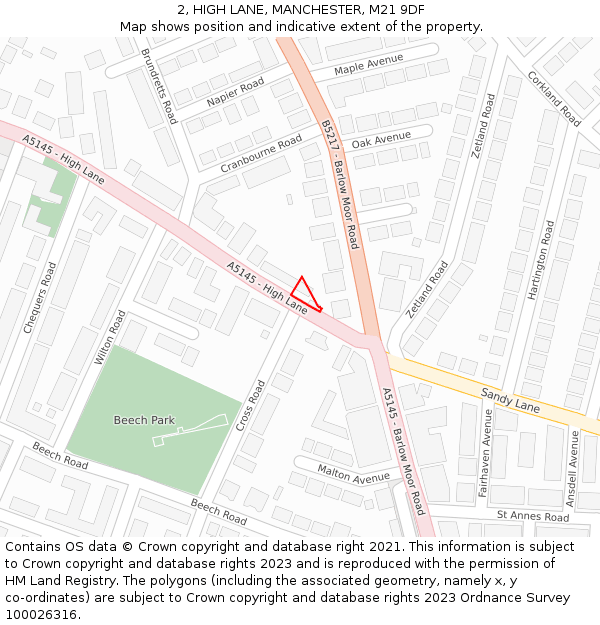 2, HIGH LANE, MANCHESTER, M21 9DF: Location map and indicative extent of plot