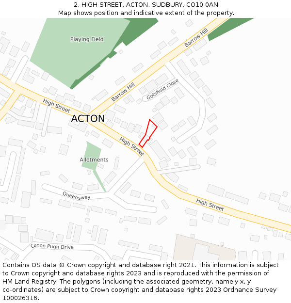 2, HIGH STREET, ACTON, SUDBURY, CO10 0AN: Location map and indicative extent of plot