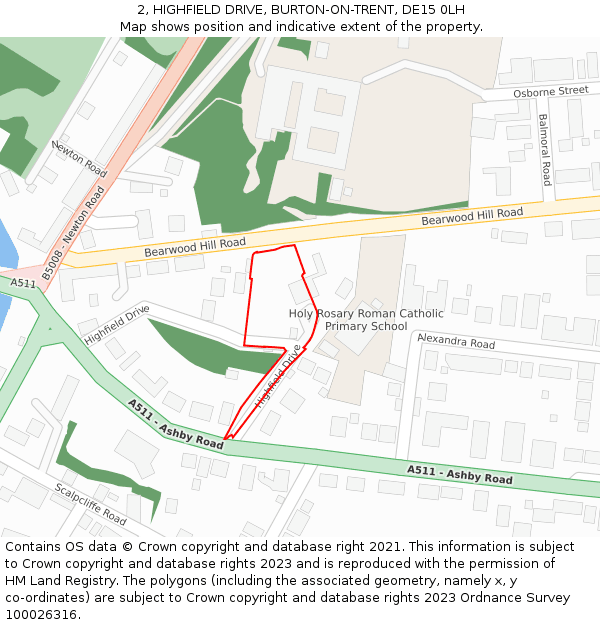 2, HIGHFIELD DRIVE, BURTON-ON-TRENT, DE15 0LH: Location map and indicative extent of plot