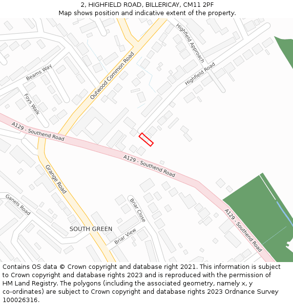 2, HIGHFIELD ROAD, BILLERICAY, CM11 2PF: Location map and indicative extent of plot