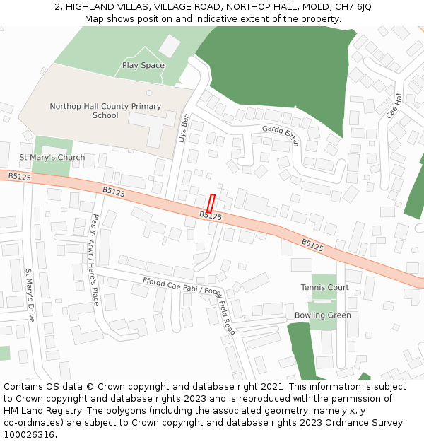 2, HIGHLAND VILLAS, VILLAGE ROAD, NORTHOP HALL, MOLD, CH7 6JQ: Location map and indicative extent of plot