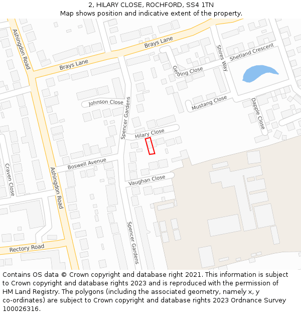 2, HILARY CLOSE, ROCHFORD, SS4 1TN: Location map and indicative extent of plot