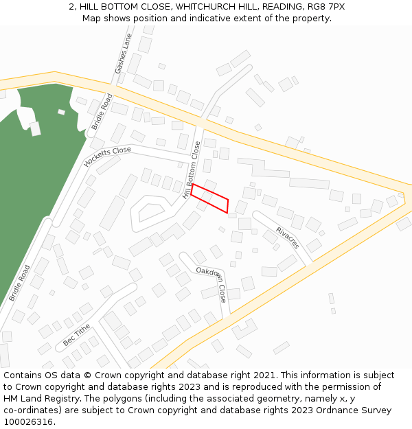 2, HILL BOTTOM CLOSE, WHITCHURCH HILL, READING, RG8 7PX: Location map and indicative extent of plot