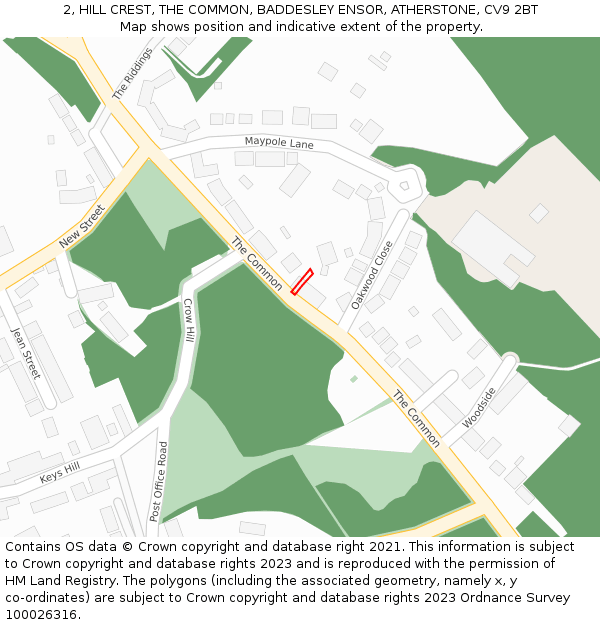 2, HILL CREST, THE COMMON, BADDESLEY ENSOR, ATHERSTONE, CV9 2BT: Location map and indicative extent of plot